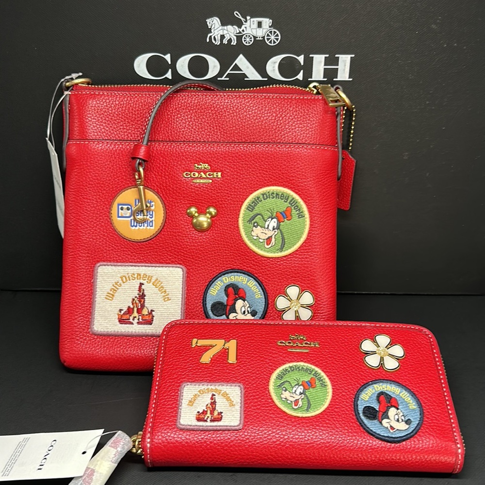 NWT Disney X Coach Set Kitt Messenger Crossbody Purse Wallet Card Patches Mickey